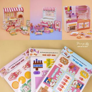  Combo 3 bộ đồ chơi tự làm mô hình giấy 3D DIY chủ đề Tiệm pizza mini Tủ kem mini Nhà bếp mini Tiệm tạp hoá Nhà May 