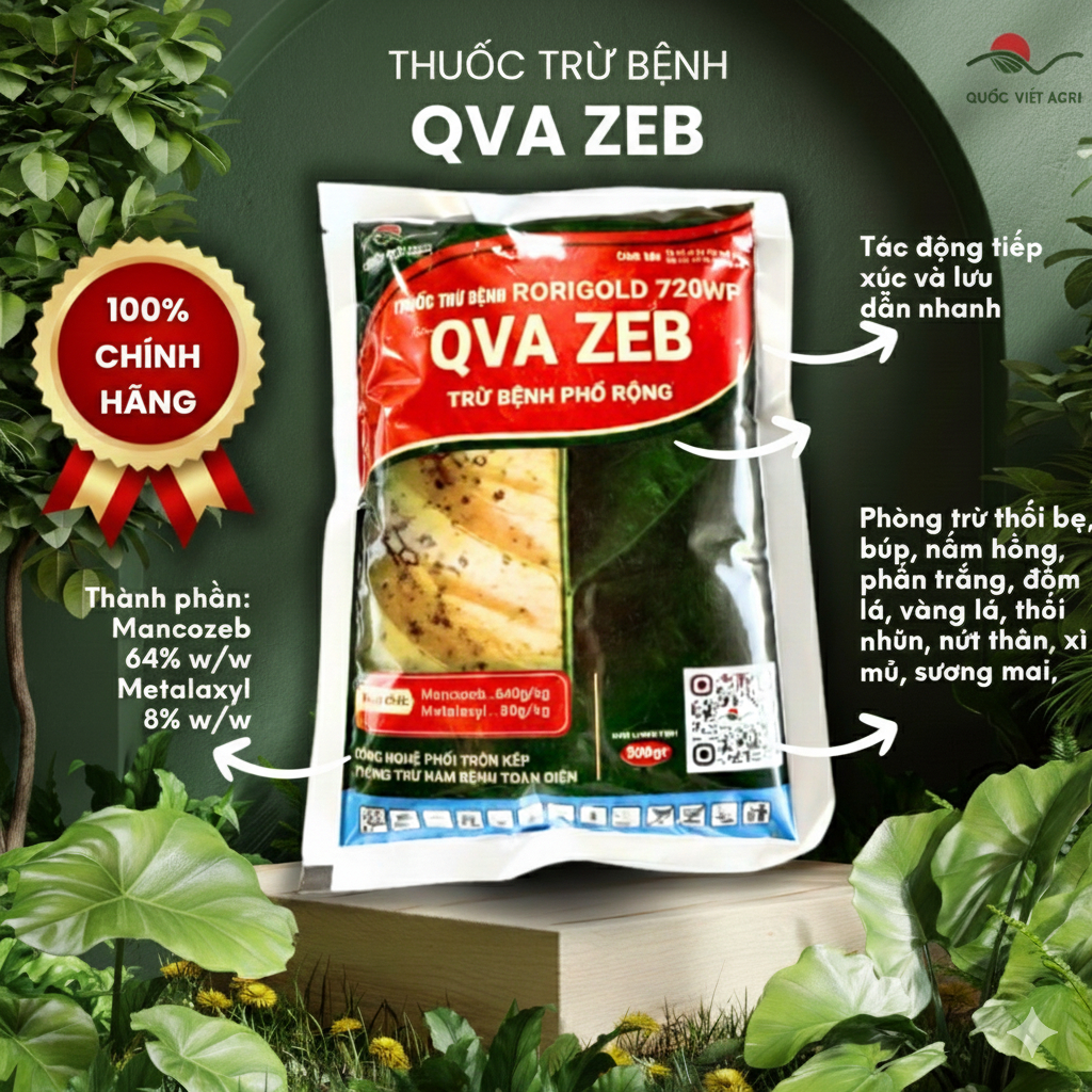 Thuốc trừ bệnh QVAZEB Mancozeb Xanh (500g) - FORTAZEB 72WP Mancozeb 64% + Metalaxyl 8% Ngừa đốm vàng