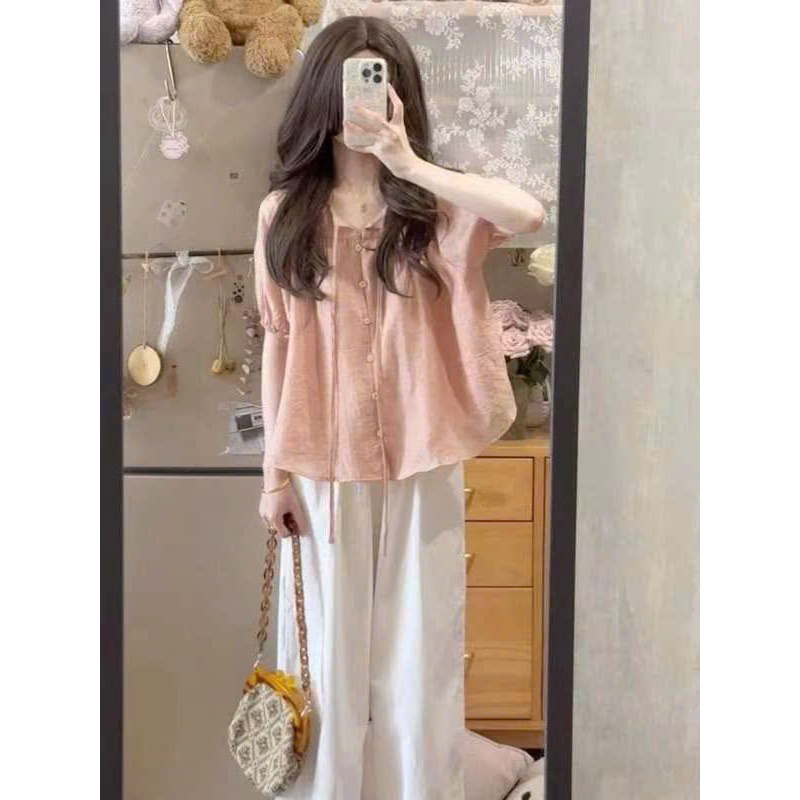 Áo sơ mi hồng đào Lena phối thắt nơ, Áo sơ mi tay bồng kiểu điệu Hàn Quốc S20