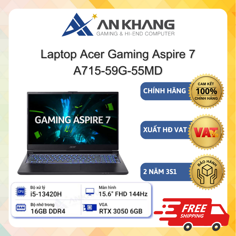 Laptop Acer Gaming Aspire 7 A715-59G-55MD (i5-13420H, 16GB, 512GB, 15.6"FHD 144Hz, RTX 3050 6GB,Win1