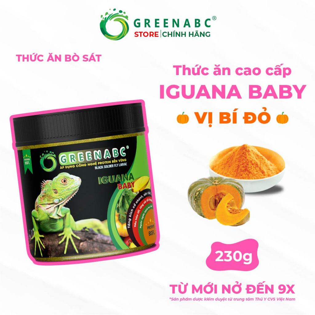 Thức ăn Iguana Baby GREENABC - Vị bí đỏ, dành cho Igu từ mới nở đến 9x. Tăng size, lên màu. Hộp 230g