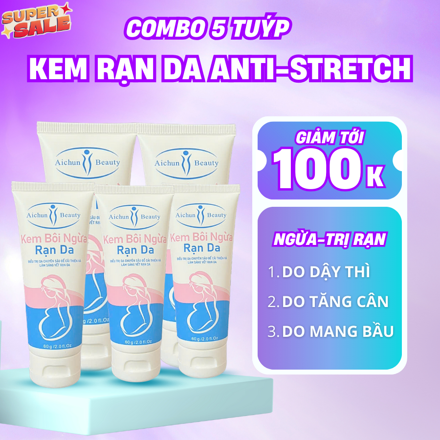 Combo 5 Tuýp Kem Phục Hồi Rạn Da Anti Stretch 60g - Dưỡng Ẩm, Dịu Da, Hỗ Trợ Cải Thiện Thâm, Rạn Da Cho Mẹ Bầu Sau Sinh,