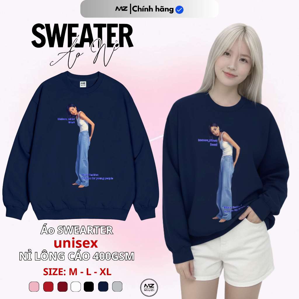 [DEAL MỞ BÁN]  Áo Nỉ Lông Cáo MIUZI Sweater Unisex 400GSM Form Rộng In Hình Girl Aesthetic Độc Đáo M