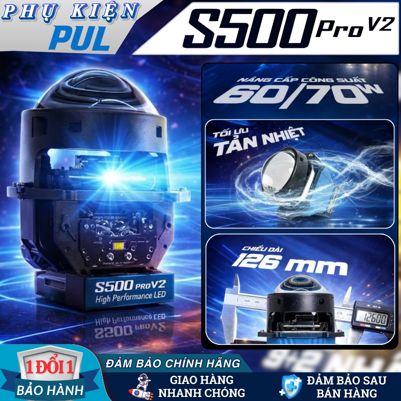 Đèn Bi Cầu LED KENZO S500 Pro V2, Cos 60W Pha 70W - 12 Chip LED, Tối Ưu Tản Nhiệt, Bảo Hành 24 tháng