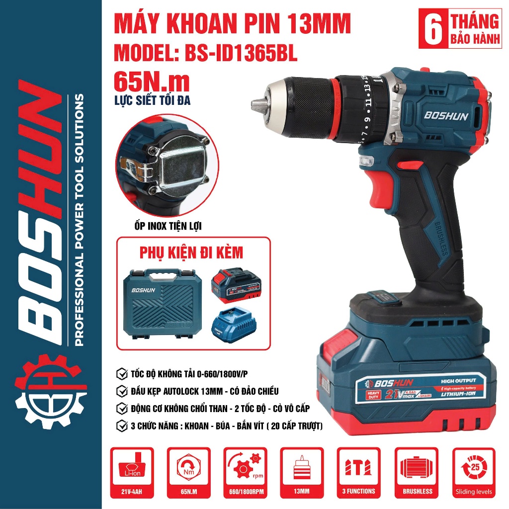 Máy khoan pin BOSHUN BS-ID1365BL / Lực siết 65Nm / 3 Chức năng / 13mm / Động cơ Không Chổi Than