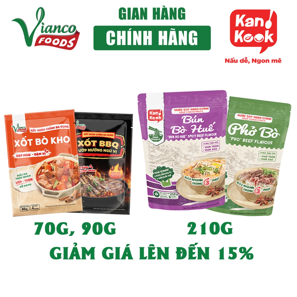 Combo 2 gói Súp 210g (Phở Bò, Bún Bò Huế) tặng 2 gói (Xốt ướp nướng thịt BBQ, xốt Lagu) gói 70g Vian