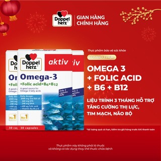  Combo 03 hộp viên uống dầu cá tăng cường thị lực tim mạch não bộ Doppelherz Omega 3 + Folic acid + B6 + B12  Hộp 30v  