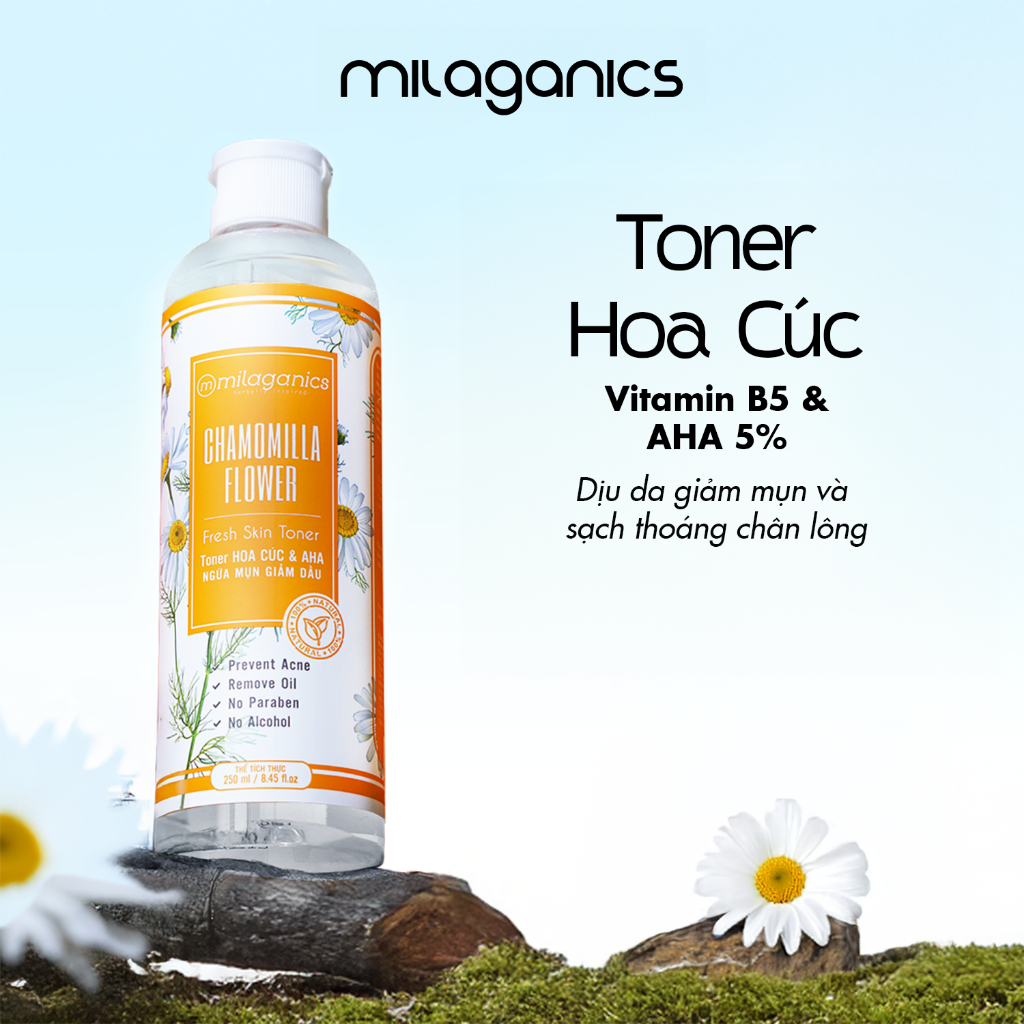 [DEAL GIỚI HẠN] Toner hoa cúc MILAGANICS dưỡng ẩm AHA 5% toner giảm mụn kiềm dầu da dầu mụn 250ml