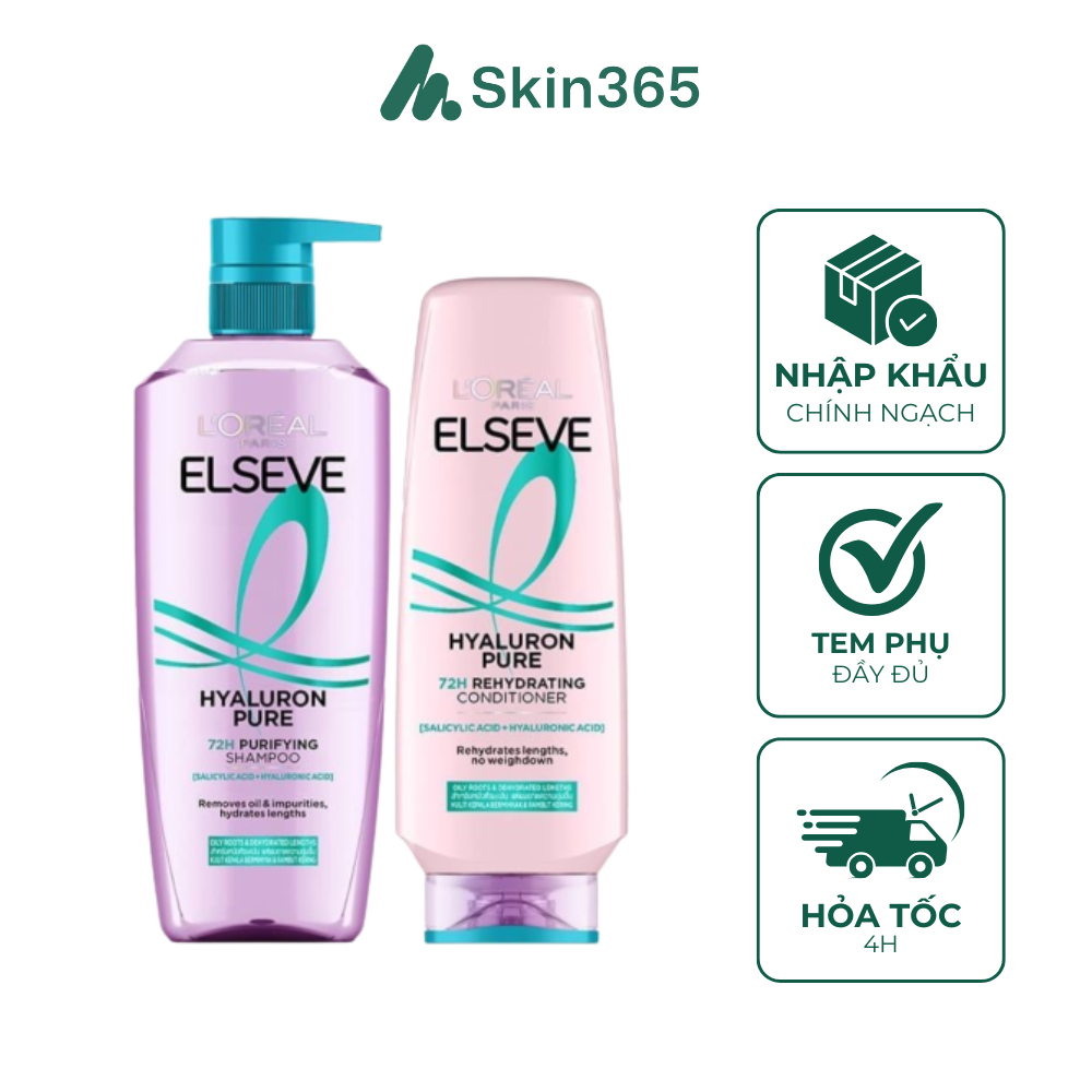 Bộ Dầu Gội / Xả L’Oreal Elseve Hyaluron Pure 72H Cho Da Đầu Dầu