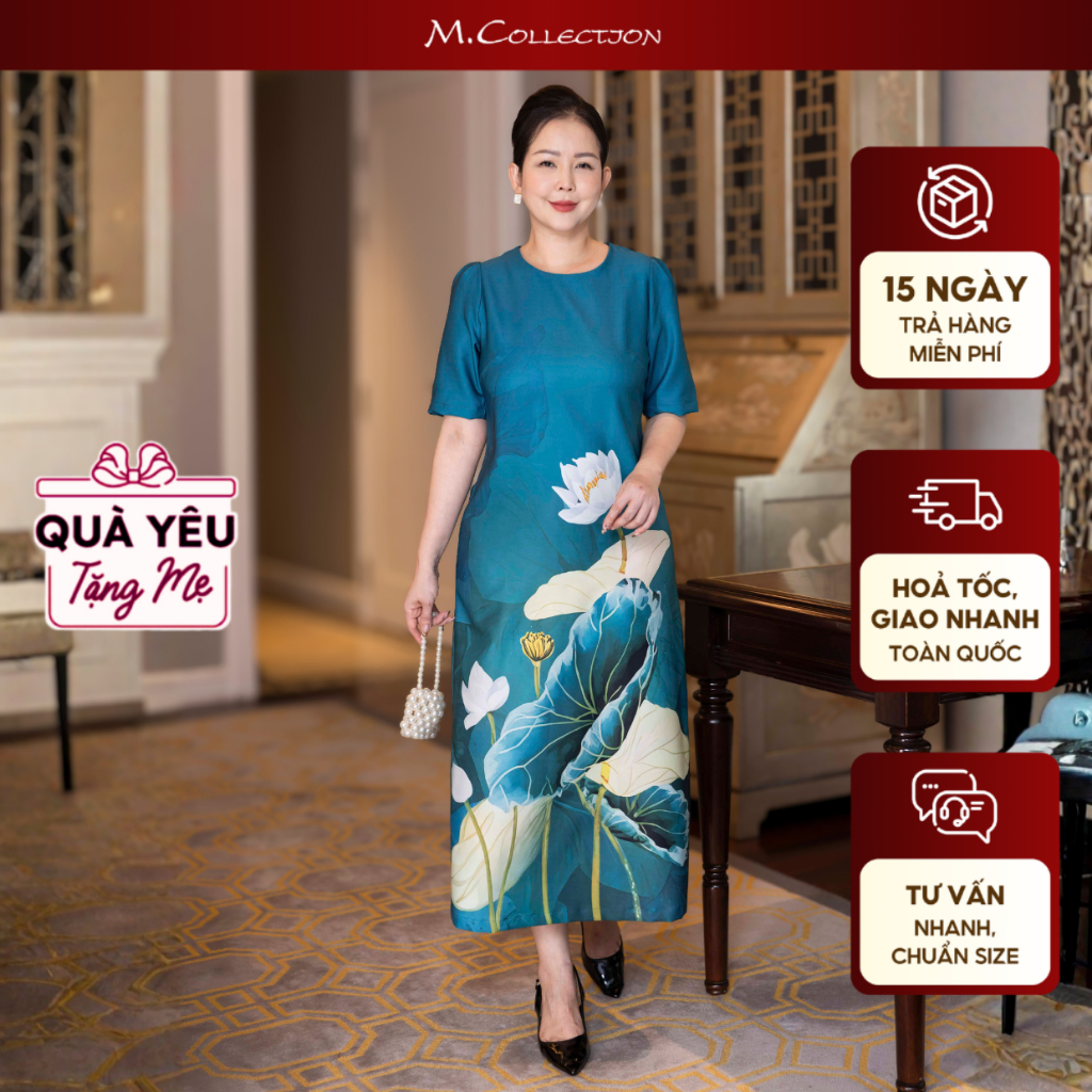 M COLLECTION | Váy Đầm Nữ Trung Niên Tặng Mẹ, Bà Vải Lụa Dày In Hoa 3D Tay Ngắn Cổ Tròn D13230