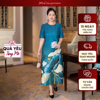  M COLLECTION | Váy Đầm Nữ Trung Niên Tặng Mẹ Bà Vải Lụa Dày In Hoa 3D Tay Ngắn Cổ Tròn D13230 