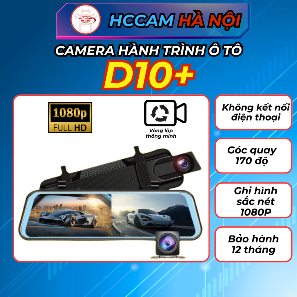 Camera hành trình gắn gương HCCam D10+ ghi hình 2k cam trước, sau fullHD1080p, chia đôi màn hình...