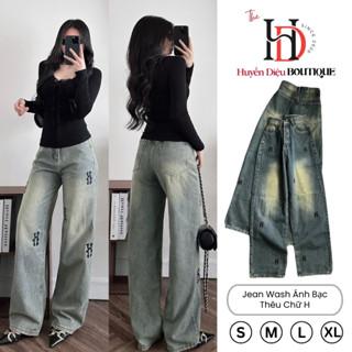  Quần Jean Nữ Ống Suông Wash Ánh Bạc Thêu Chữ H Lưng Cao Hack Dáng Bigsize J032 Huyền Diệu Boutique 
