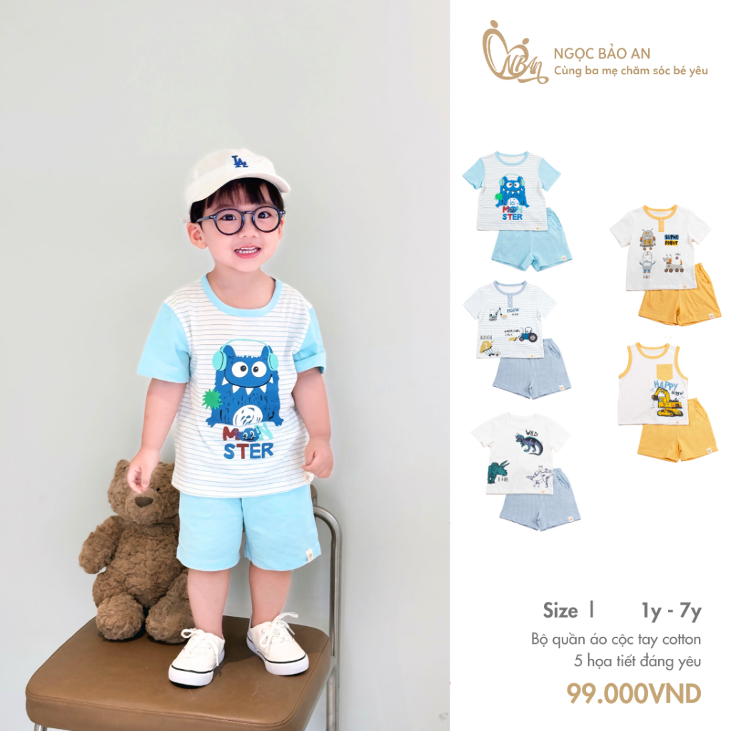 NGỌC BẢO AN KIDS (1-7Y) Bộ quần áo cộc tay in hình đáng yêu cotton co giãn 2 chiều mềm mại an toàn cho bé từ 9kg - 25kg