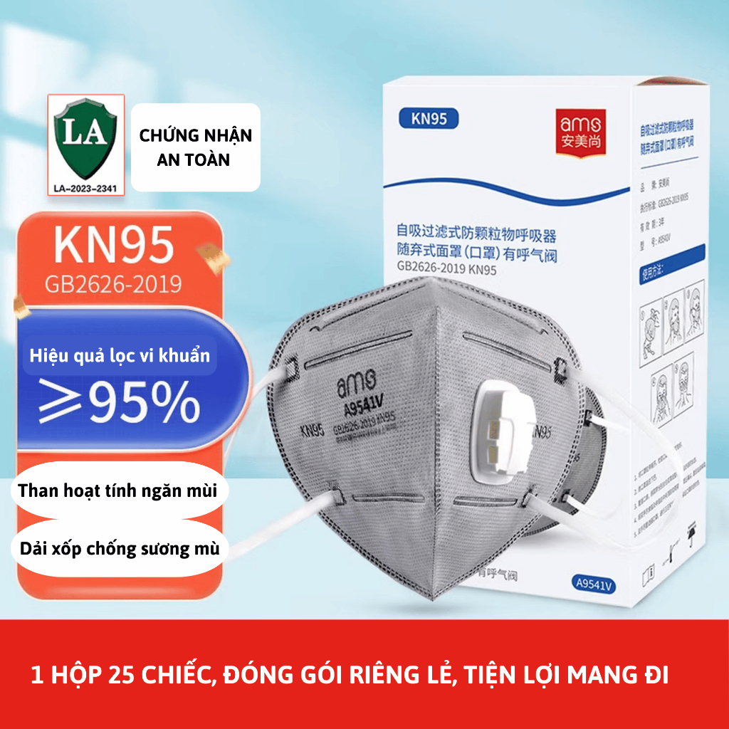 Hộp khẩu trang 5 lớp Ams 9501,9501V,9541V có van than hoạt tính tiêu chuẩn KN95 lọc bụi siêu mịn