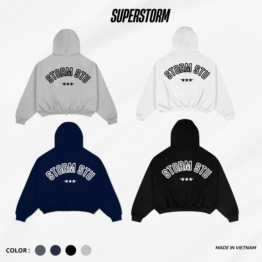 Áo Hoodie Zip Form Boxy Chất Nỉ Bông Cao Cấp Hình Thêu Storm Stu