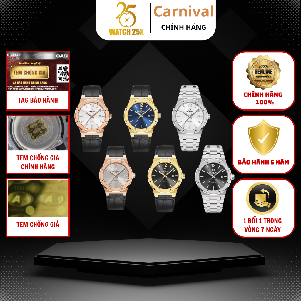 Đồng Hồ Nam Cơ Series 8122G Watch25x - Vỏ Thép Không Gỉ Mạ PVD Dây Da Dập Vân Cá Sấu Kính Chống Trầy