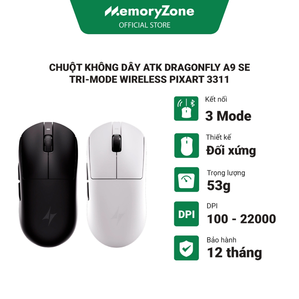 Chuột không dây ATK Dragonfly A9 SE Tri-mode Wireless Pixart 3311 - Chính hãng Việt Nam