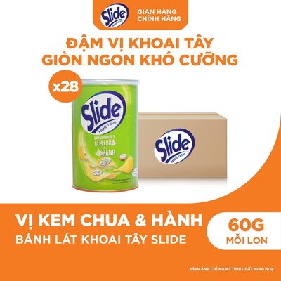 [Video VC 20%] Thùng 28 Lon Bánh Lát Snack Khoai Tây Slide Vị Kem Chua & Hành 60g
