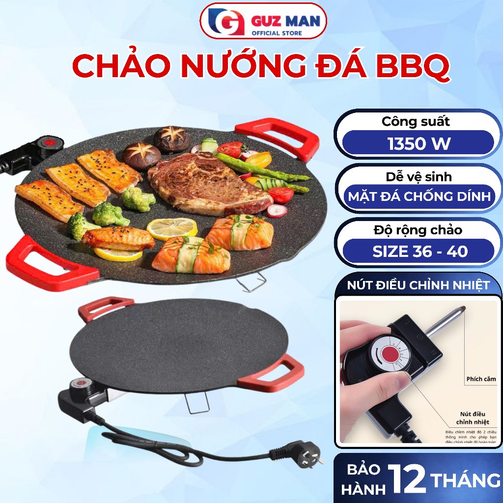 Chảo Nướng Đá BBQ Hàn Quốc ,Chảo gang vân đá nướng thịt Mặt Chống Dính tiện lợi Size 30- 40cm