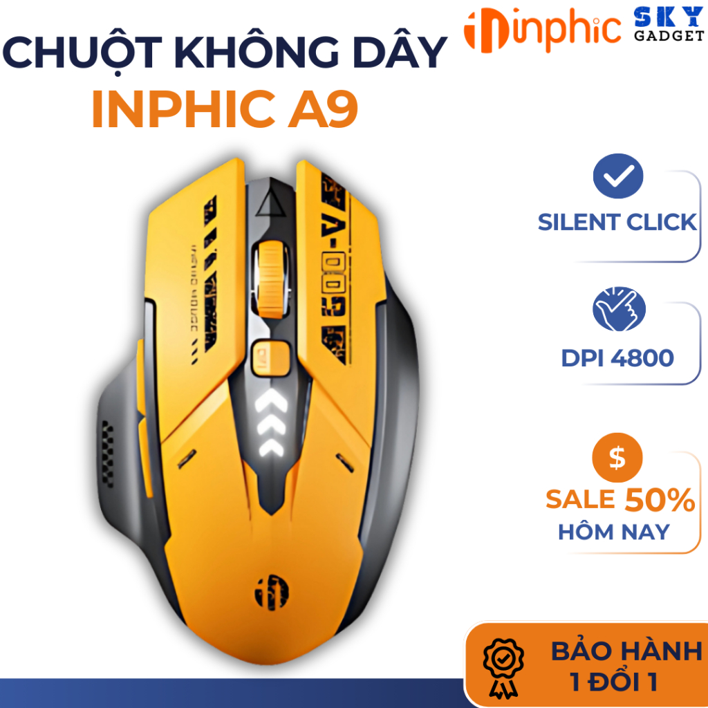 Chuột không dây INPHIC A9 – Silent Click êm tuyệt đối – Pin trâu – Kết nối 3 chế độ – Bảo hành uy tí