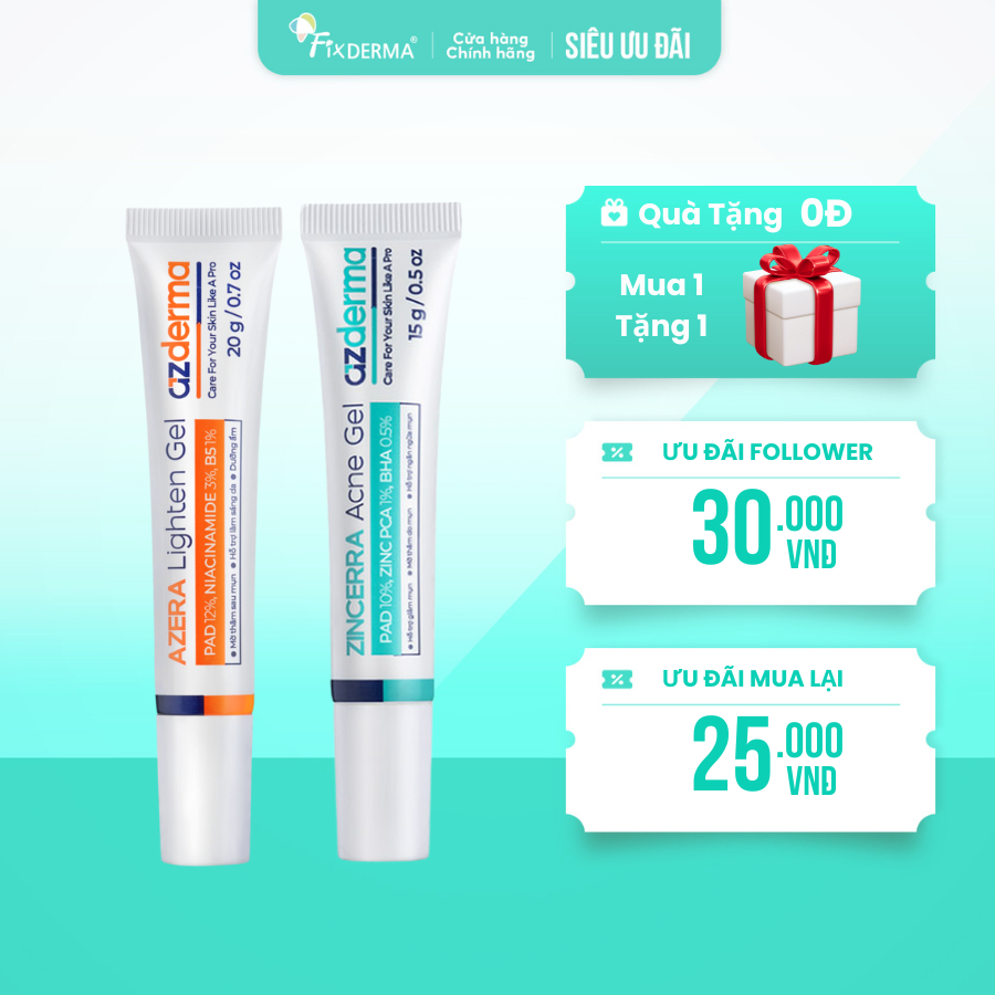Combo Hỗ Trợ Giảm Mụn Thâm Azderma Zincerra Acne Gel 15g & Azera Lighten Gel 20g