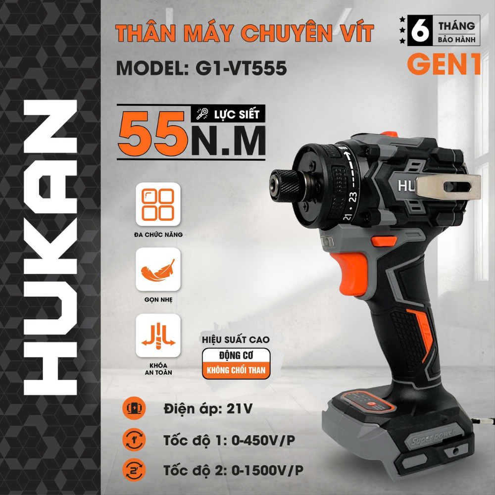 Máy chuyên vít trượt pin HUKAN G1-VT555, Động cơ Không chổi than, Lực siết 55Nm