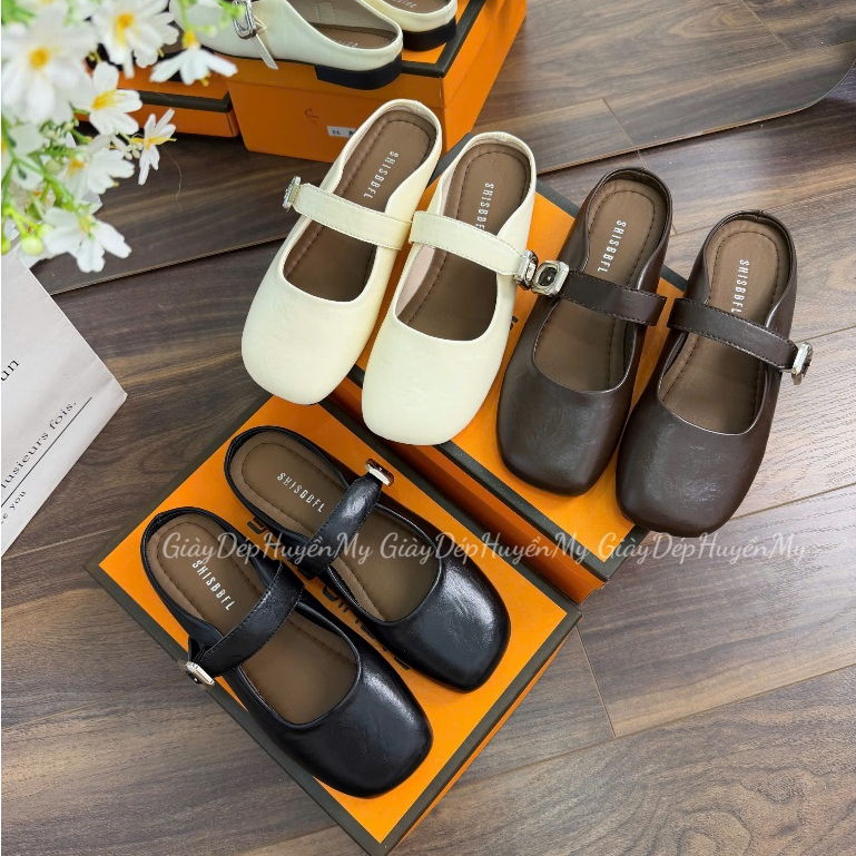 [ Giày Dép Huyền My ] Giày sục nữ da mềm quai ngang phối khuy bạc hàng cao cấp full hộp - LT57 | BigBuy360 - bigbuy360.vn