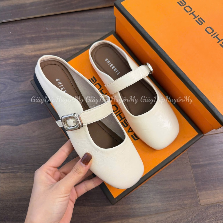 [ Giày Dép Huyền My ] Giày sục nữ da mềm quai ngang phối khuy bạc hàng cao cấp full hộp - LT57 | BigBuy360 - bigbuy360.vn