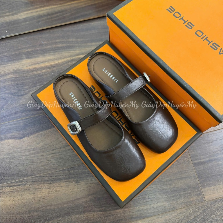[ Giày Dép Huyền My ] Giày sục nữ da mềm quai ngang phối khuy bạc hàng cao cấp full hộp - LT57 | BigBuy360 - bigbuy360.vn