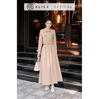 Set Thu Đông Alice Cao Cấp Chất Kaki, Áo Khoác Lửng Kèm Đai Phối Chân Váy Xếp Li Dáng Dài Maxi Phù Hợp Dạo Phố S1029