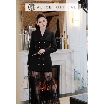 Set Đồ Thu Đông Alice, Áo Chất Dạ Lót Lụa Dáng Dài 2 Hàng Cúc Phối Chân Váy Ren Có Lót Quần S1003