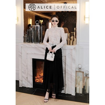 Set Váy Cao Cấp Alice Áo Dài Tay Chất Ren Cổ Cao Phối Viền, Chân Váy Maxi Chất Tơ Dập Li Đính Hoa Nổi A1017+CV1014