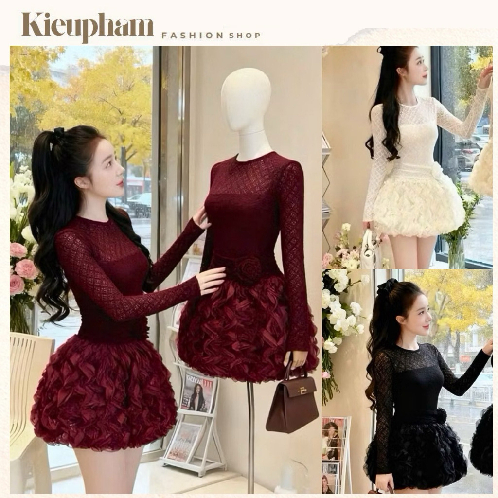 Đầm Thiết Kế Dự Tiệc Tay Dài Ren Váy Xòe Bồng Hoa Nổi Lazer – Váy Tiểu Thư Sang Trọng Kieupham.shop | BigBuy360 - bigbuy360.vn
