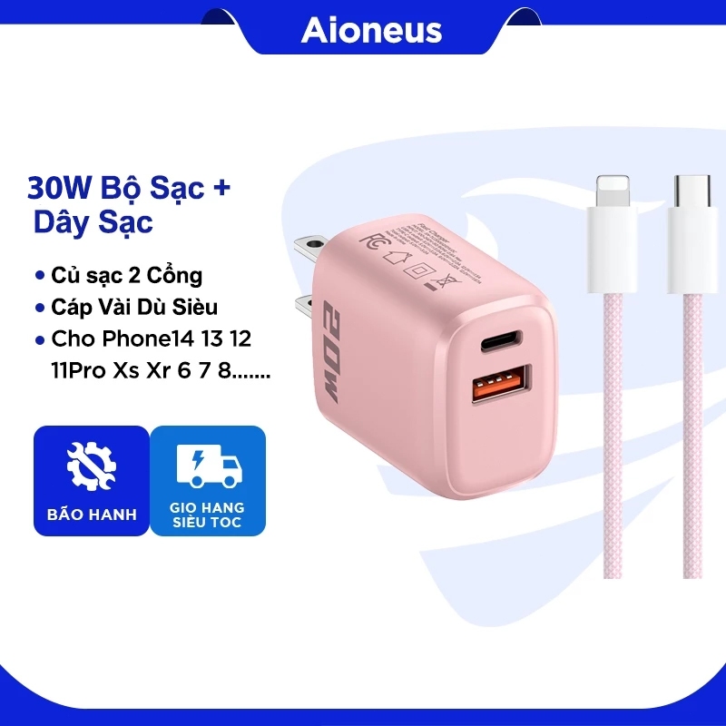 Bộ sạc nhanh Aioneus PD30W Củ sạc 2 Cổng nghệ mới siêu nhỏ chống quá tải nhiệt cho 6 7 8 xs xr 14 13 12 11 pro ...