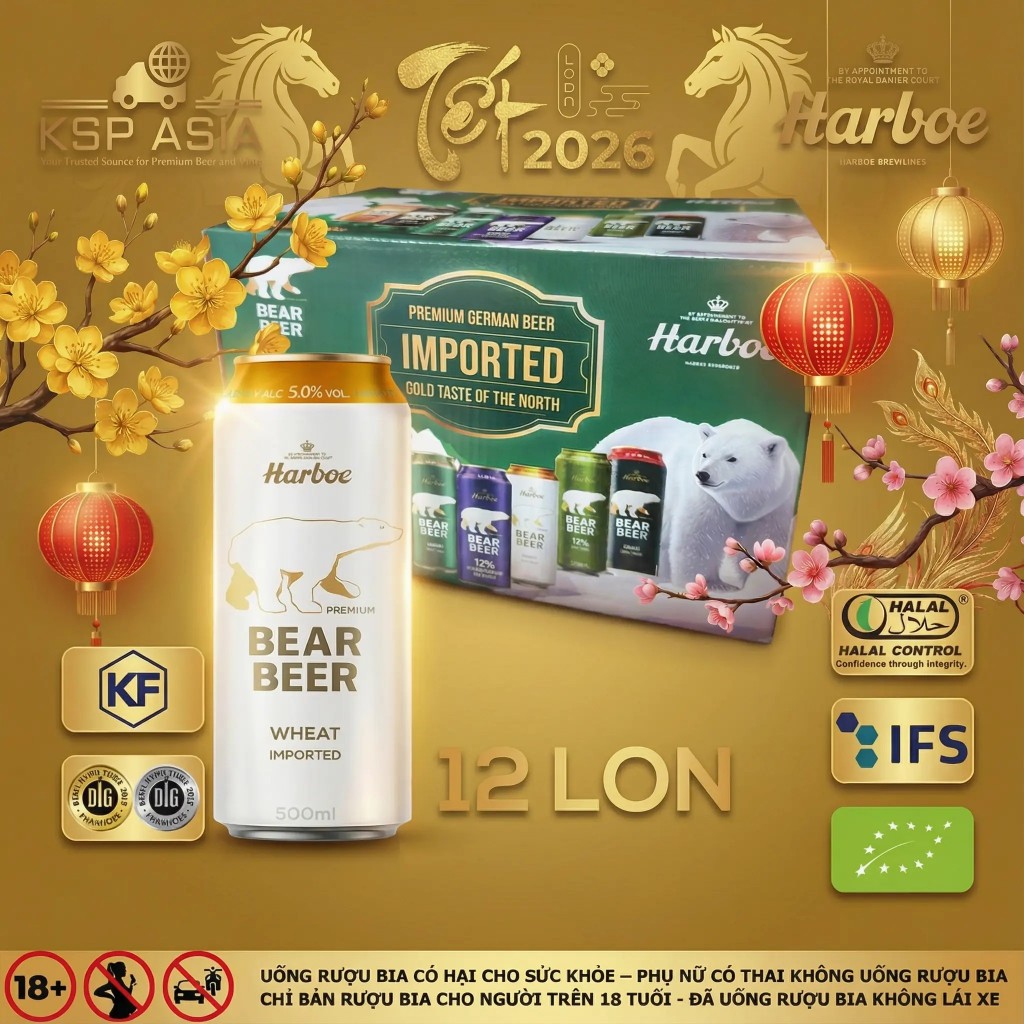[HCM - HỎA TỐC] Bia Gấu Harboe Bear Beer Wheat 5% Hộp 12 Lon 500ml