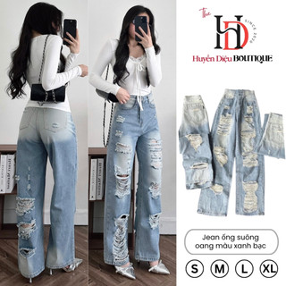 Quần Jean Nữ Ống Suông Rách Loang Màu Xanh Bạc Cạp Cao Ôm Eo Hack Dáng - J620 - HD Boutique 