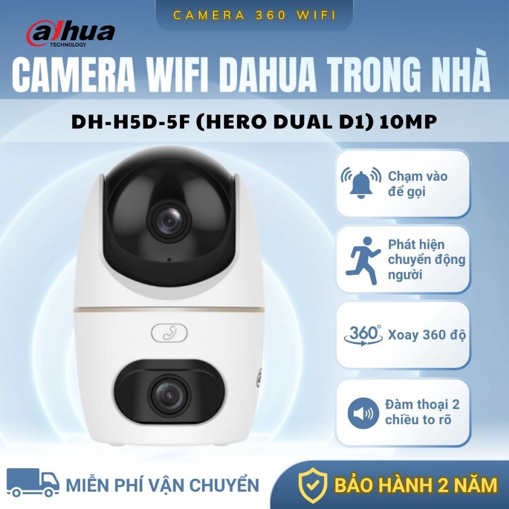 Camera Wifi Dahua Hero Dual D1 DH-H5D-5F, 2 Mắt Kép 10MP, Xoay 360, Đàm Thoại 2 Chiều, Chạm Để Gọi, 