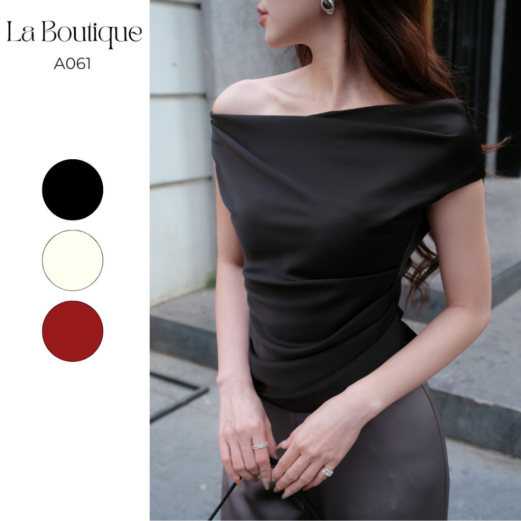 Áo Lụa Bẹt Vai La Boutique Xếp Nhún Eo Màu Kem Nữ Women-A061
