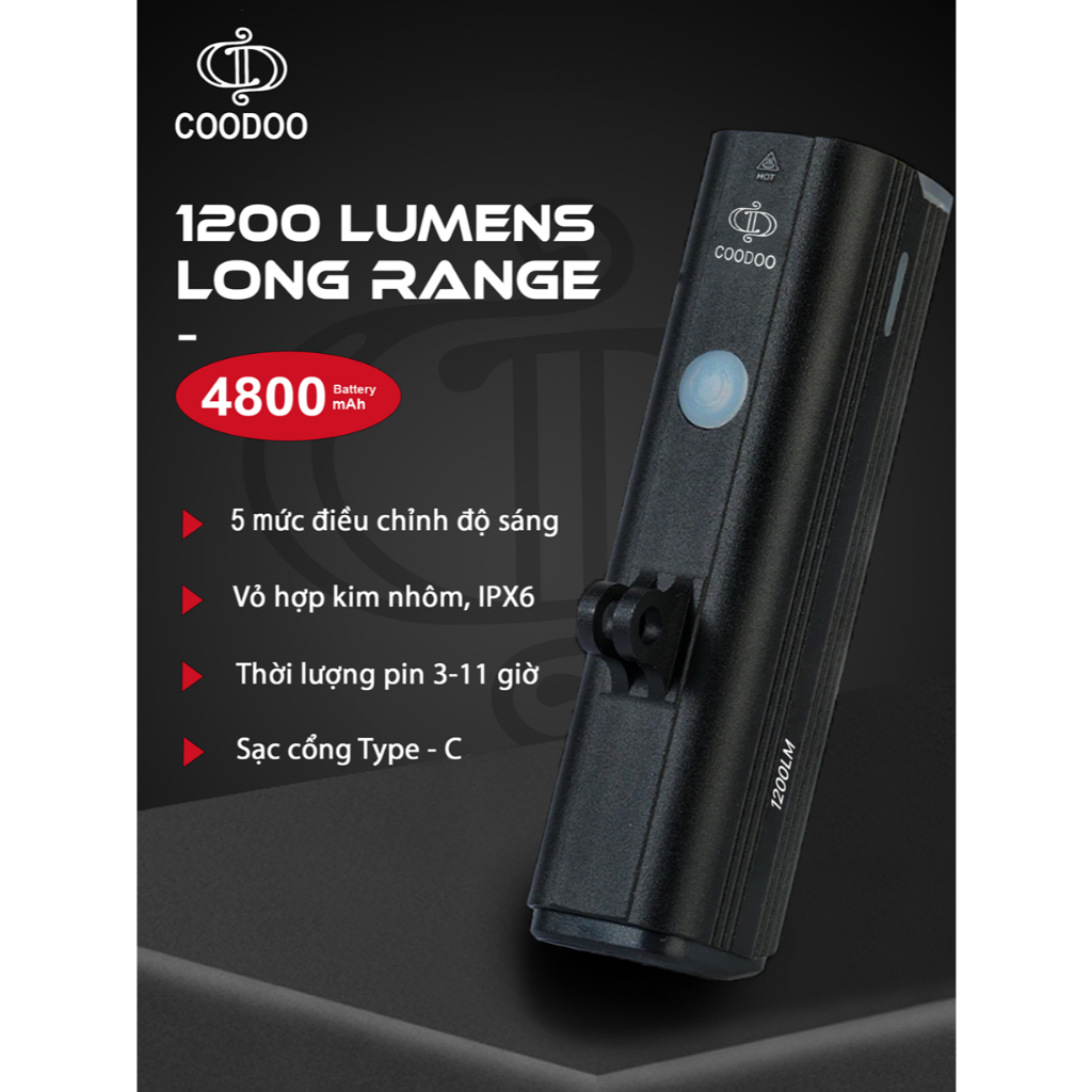 [Coodoo] Đèn pin xe đạp siêu sáng R3 D3 1200 chính hãng rockbros , Phân phối bởi coodoo store tại Vi