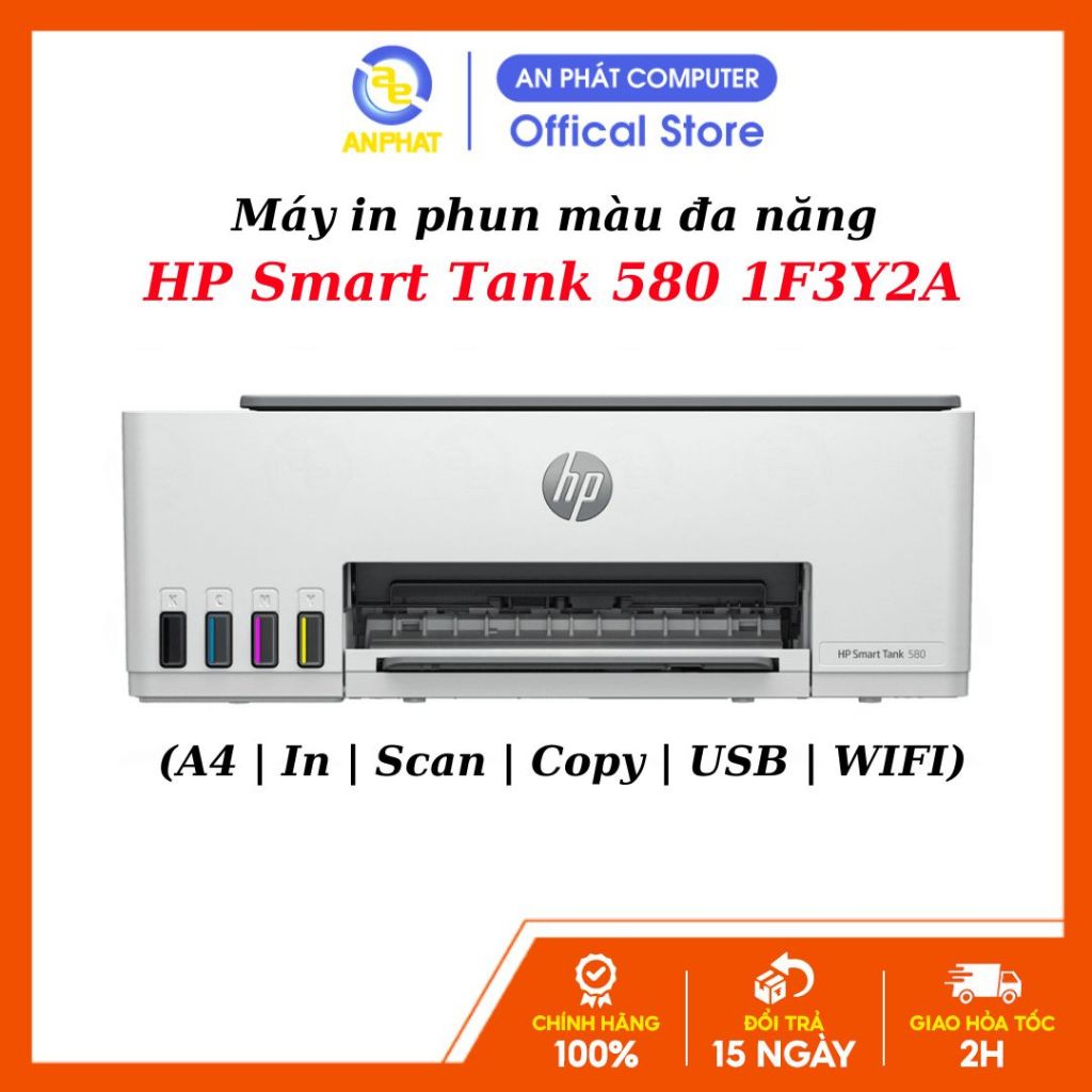 [Tặng Giấy A4 Double A] Máy in phun màu đa năng HP Smart Tank 580 (A4 | In | Scan | Copy | USB | WIF