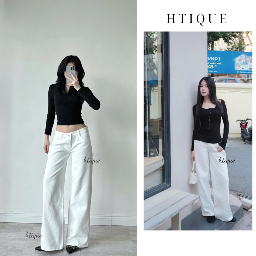 HTIQUE - Mở bán Quần jean ống rộng cạp thấp, Quàn jean trắng basic dễ phối đồ QB03