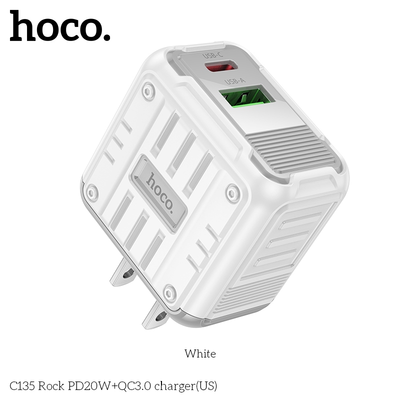 Củ sạc Hoco C135 sạc nhanh PD20W+QC3.0, cổng sạc USB+Type-C, chân cắm dẹp