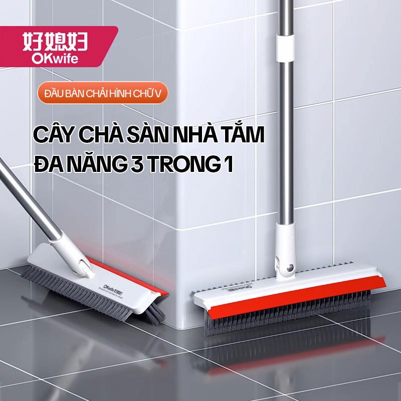 Cây Chà Sàn Nhà Tắm OKwife AGW-3458, Chổi Cọ Sàn Và Gạt Nước Đa Năng 3 Trong 1, Cán Dài 123cm