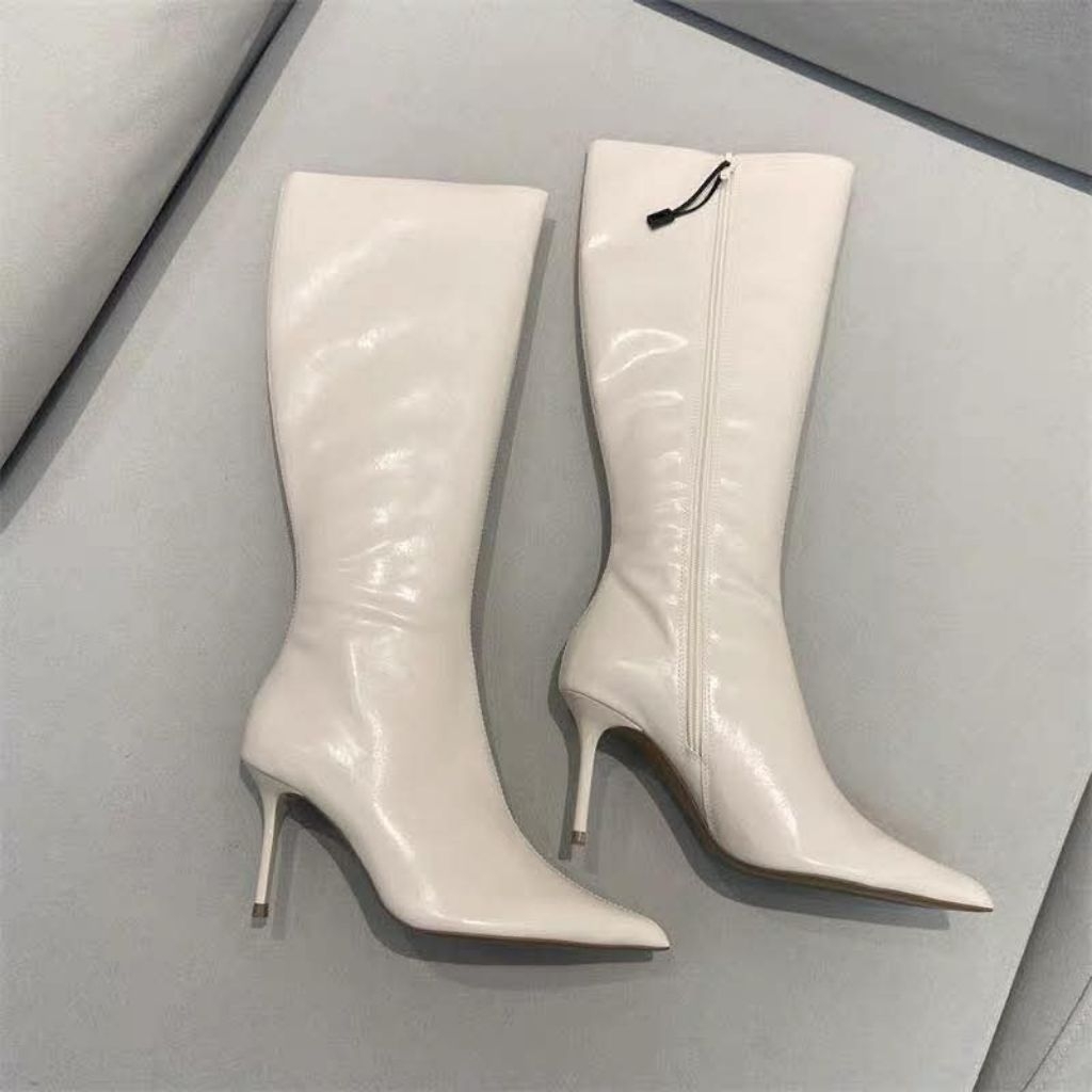Boot đùi trắng mũi nhọn Zr gót 8cm khóa zip tag 60€-ORD