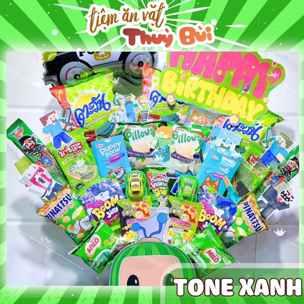 Bánh Kẹo Màu Xanh Lá / Thế Giới Đồ Ăn Vặt Màu Xanh Green, , Concept Trang Trí Giỏ Quà Bánh Kẹo
