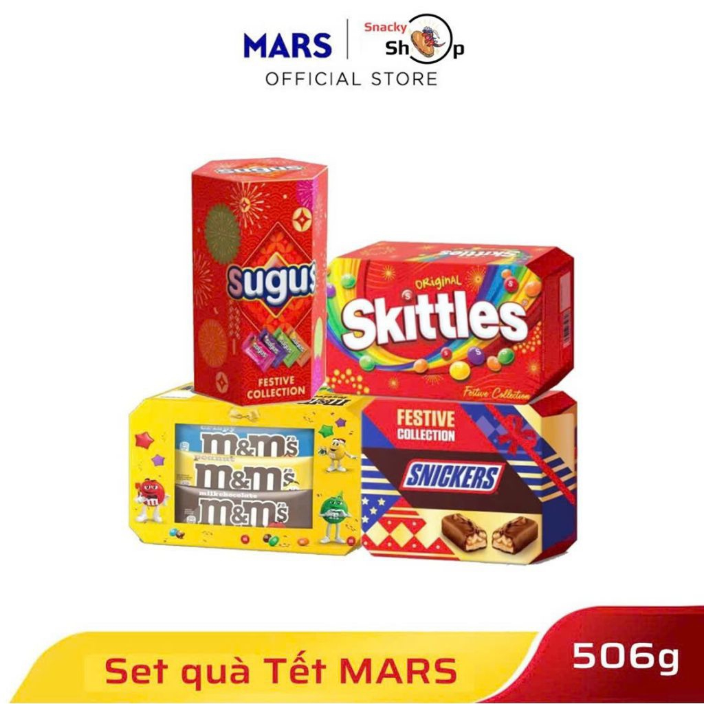 Set quà TẾT gồm 1 Hộp kẹo SKITTLES 150g & 1 Hộp kẹo SUGUS trái cây 99g & 1 Hộp kẹo M&M's 104g & 1 Hộ