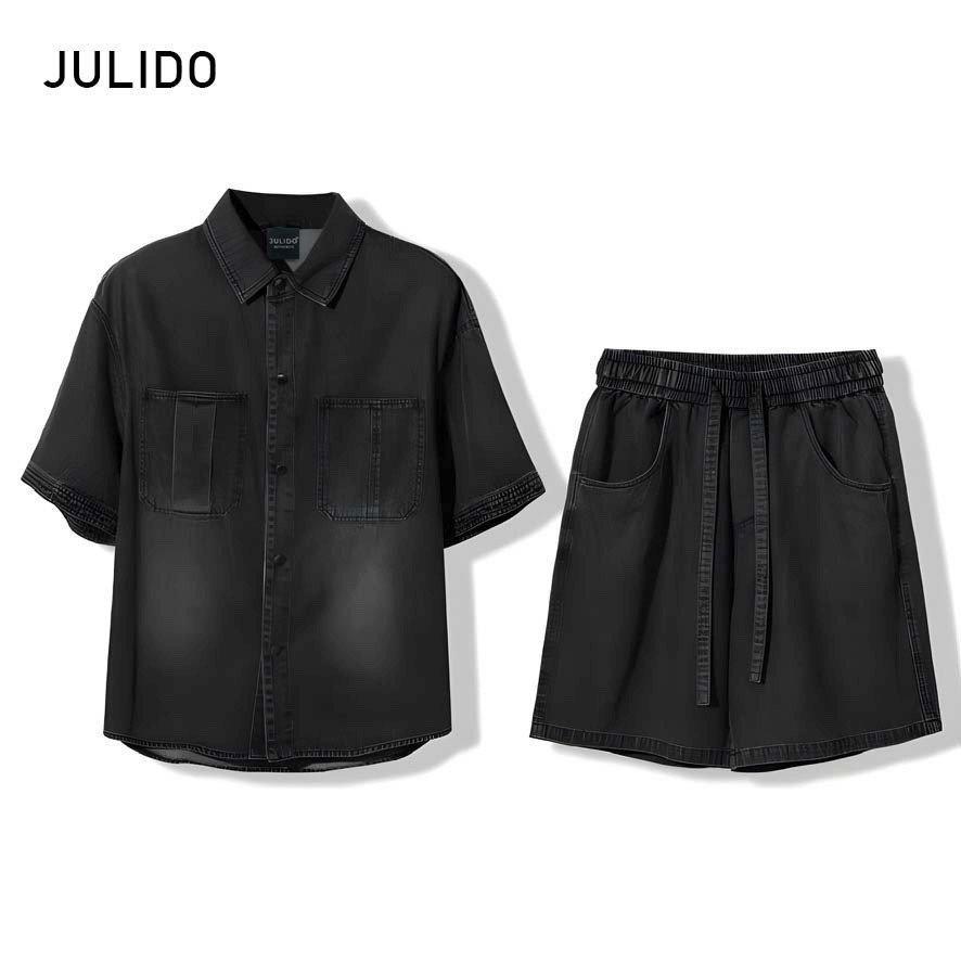 Set jean nam họa tiết monogram JULIDO ( Aó sơ mi denim và Quần short)