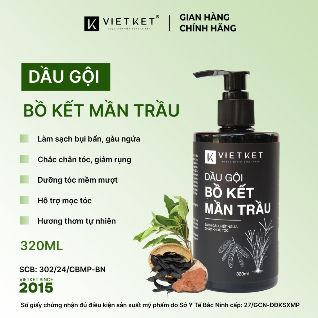 Dầu Gội Thảo Dược Bồ Kết Mần Trầu VIETKET 320ml Giúp Sạch Gàu, Giảm Ngứa, Giảm Rụng Tóc, Giảm Gãy Rụng