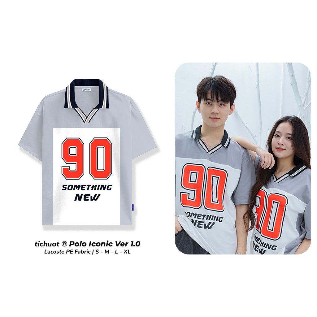 Áo polo iconic nam nữ bigsize màu xám trắng, áo polo iconic tay lỡ form rộng unisex